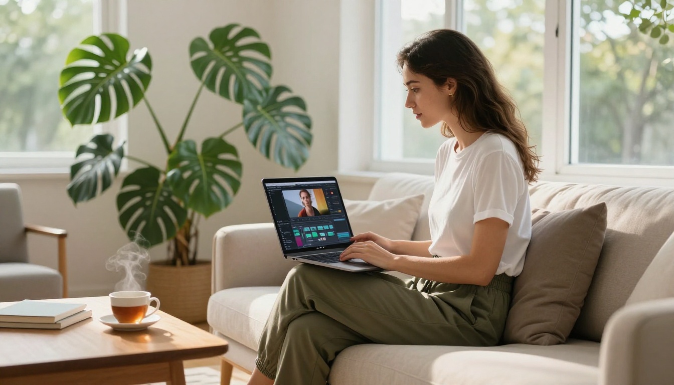 Young woman on couch creating AI videos with laptop in bright room Young woman on couch creating AI videos with laptop in bright room