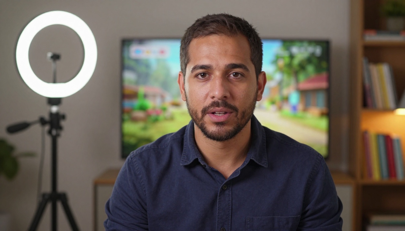 A male content creator recording a review in a modern room with AI video playing on a monitor behind him