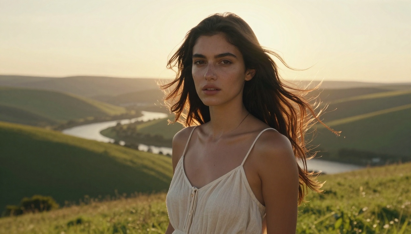 Cinematic low-angle portrait of a young woman with long dark hair in a flowing ivory linen dress standing on a sunlit hilltop meadow with a sweeping valley behind her