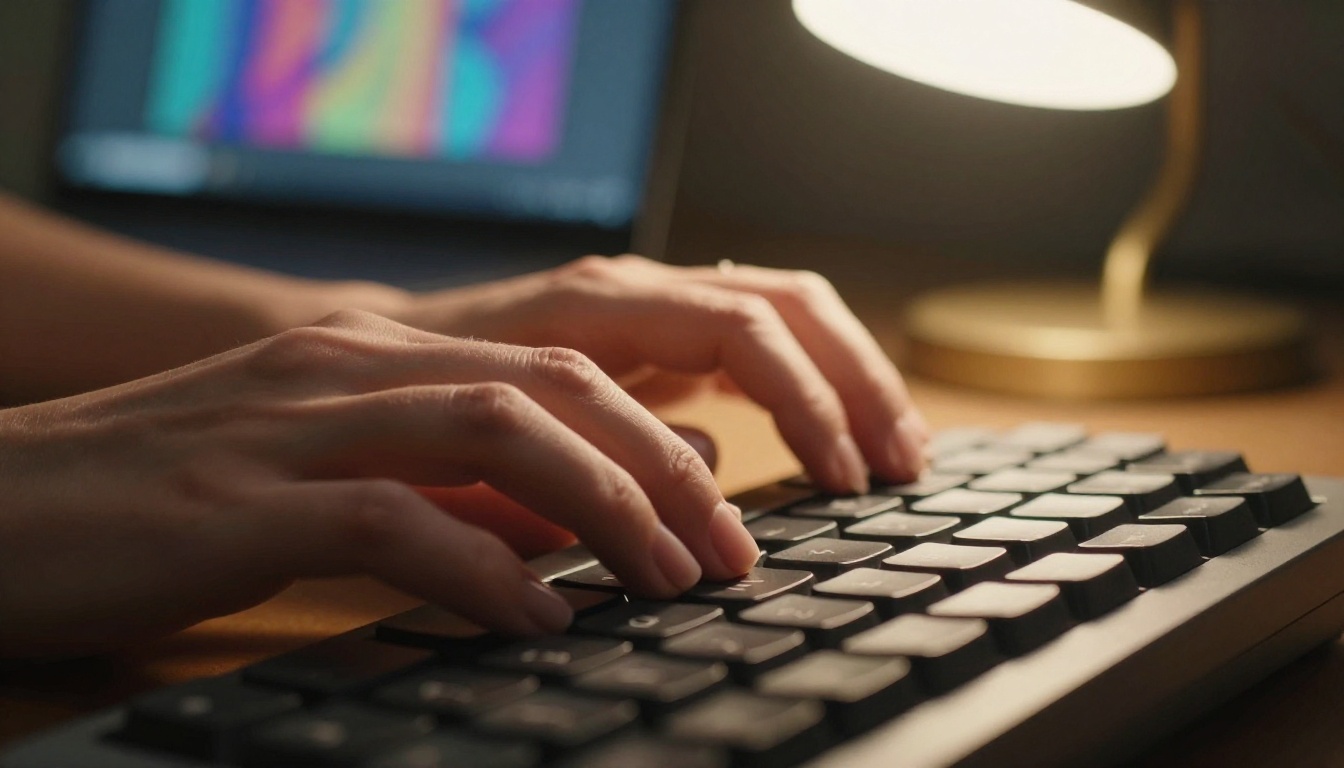 Close-up of female hands typing on a mechanical keyboard with AI video frames blurred in the warm background