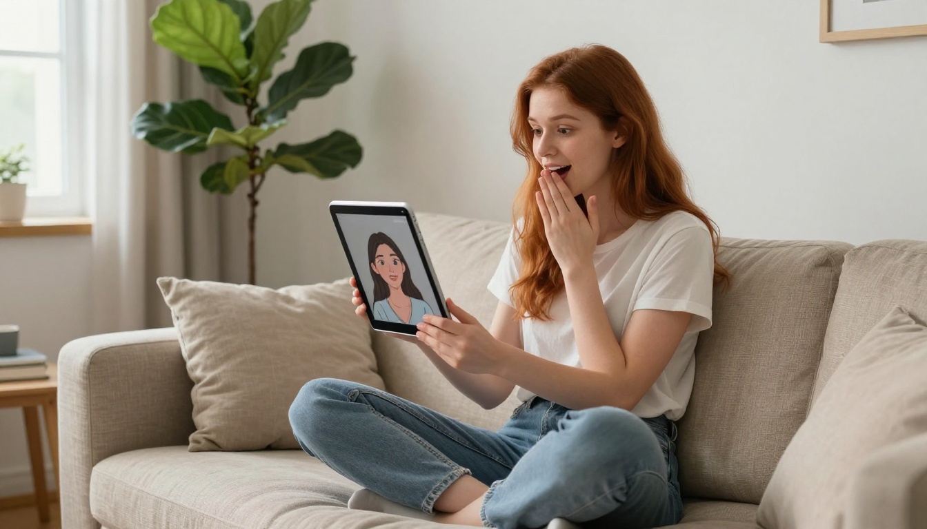 Woman on sofa reviewing AI-generated video on iPad, photorealistic lifestyle shot Woman on sofa reviewing AI-generated video on iPad, photorealistic lifestyle shot