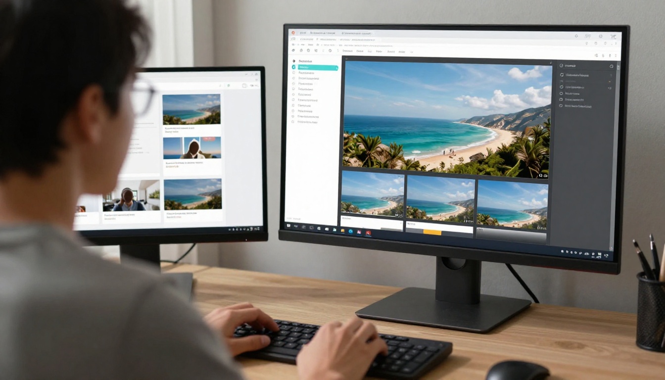 Over-the-shoulder view of a person using an AI video generation interface on a large monitor with a coastal scene preview Over-the-shoulder view of a person using an AI video generation interface on a large monitor with a coastal scene preview