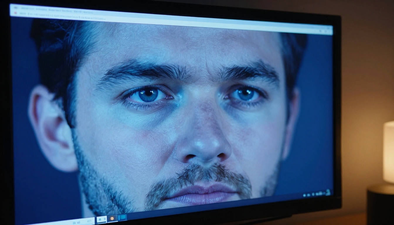 Close-up portrait of a male video editor's face lit entirely by cool blue monitor glow in a dark editing suite, beard stubble and skin texture visible, warm desk lamp from the right Close-up portrait of a male video editor's face lit entirely by cool blue monitor glow in a dark editing suite, beard stubble and skin texture visible, warm desk lamp from the right