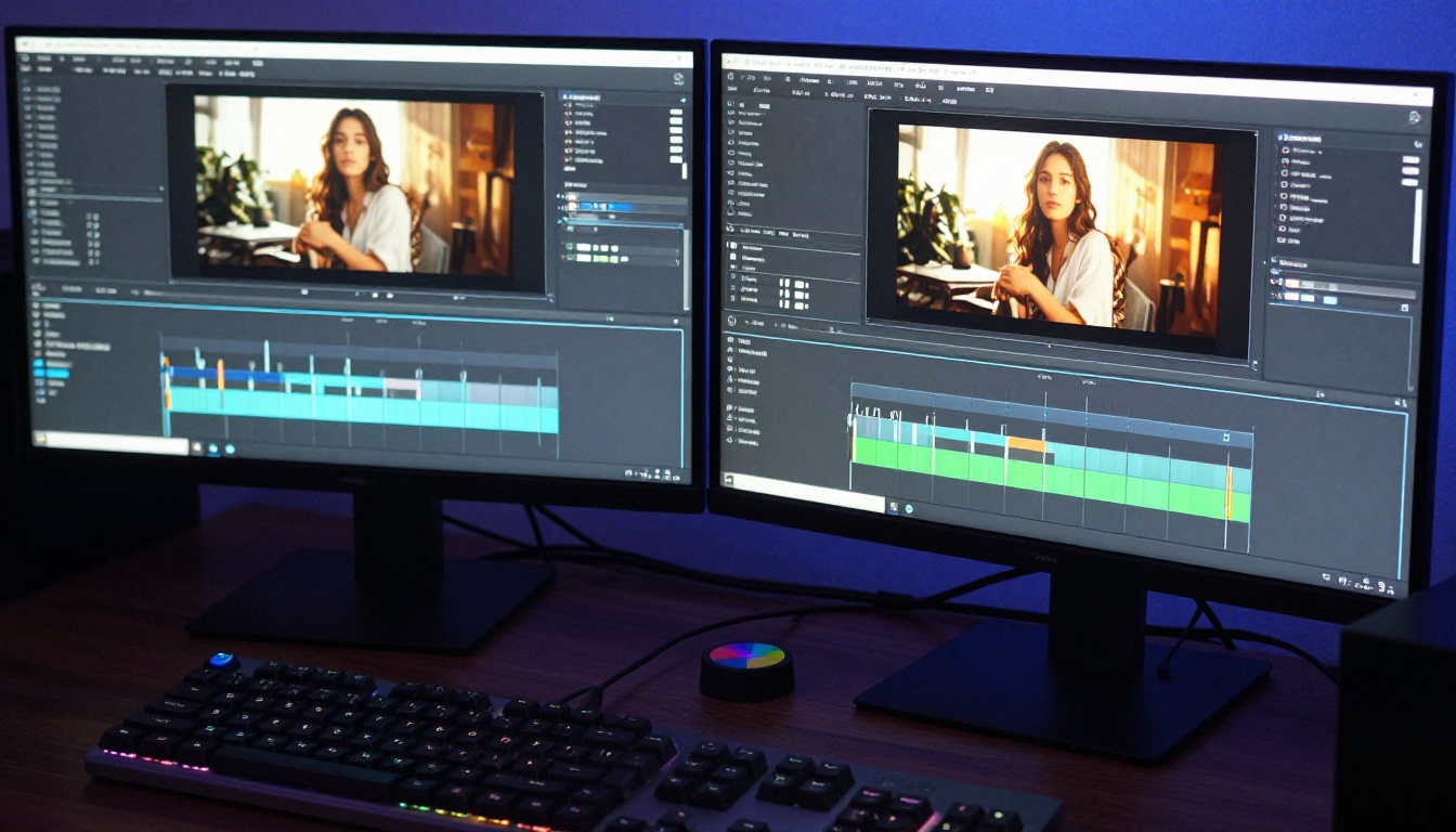Professional dual-monitor video editing workstation showing photo-to-video conversion interface Professional dual-monitor video editing workstation showing photo-to-video conversion interface