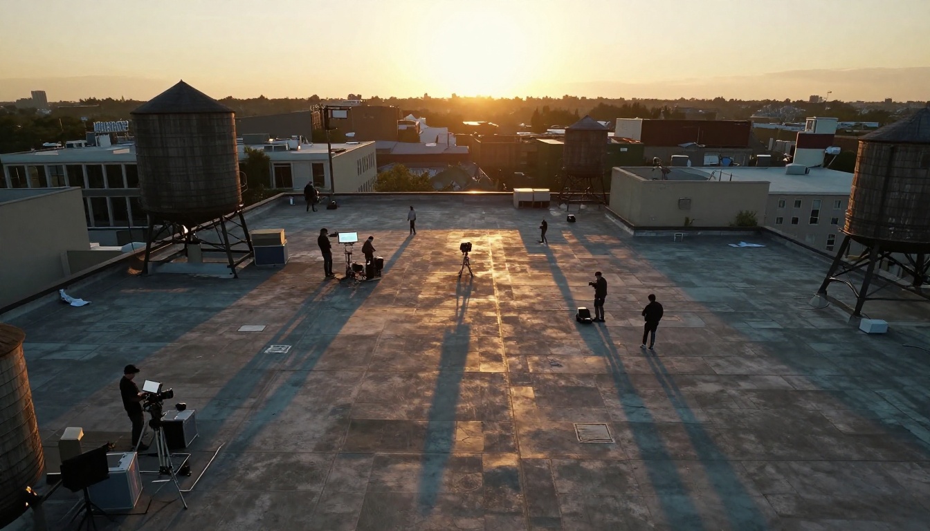 Aerial drone view of a film crew on an urban rooftop at magic hour, golden light casting long shadows across concrete, tiny figures around camera rigs, city skyline in the background Aerial drone view of a film crew on an urban rooftop at magic hour, golden light casting long shadows across concrete, tiny figures around camera rigs, city skyline in the background