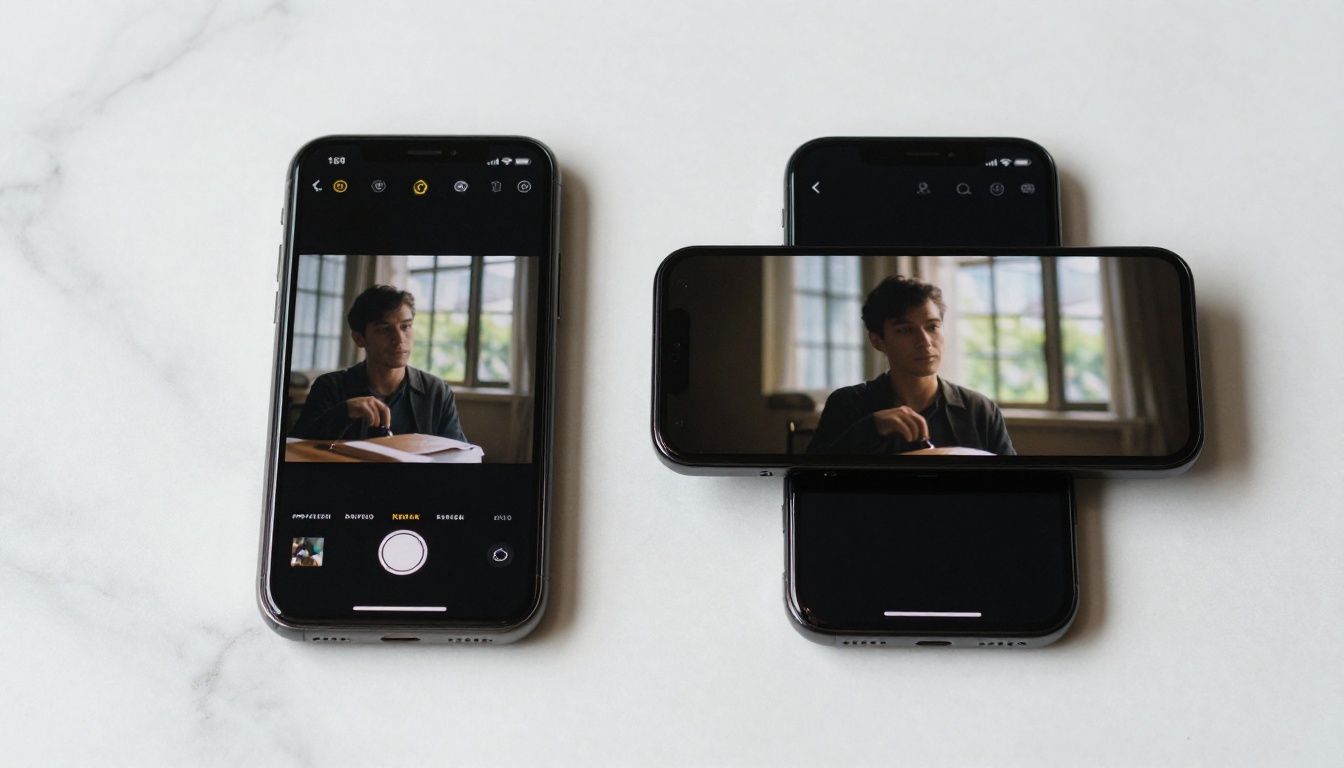 Two smartphones side by side on a white marble countertop, each displaying video playback, overhead flat lay shot with natural window light from above-left Two smartphones side by side on a white marble countertop, each displaying video playback, overhead flat lay shot with natural window light from above-left