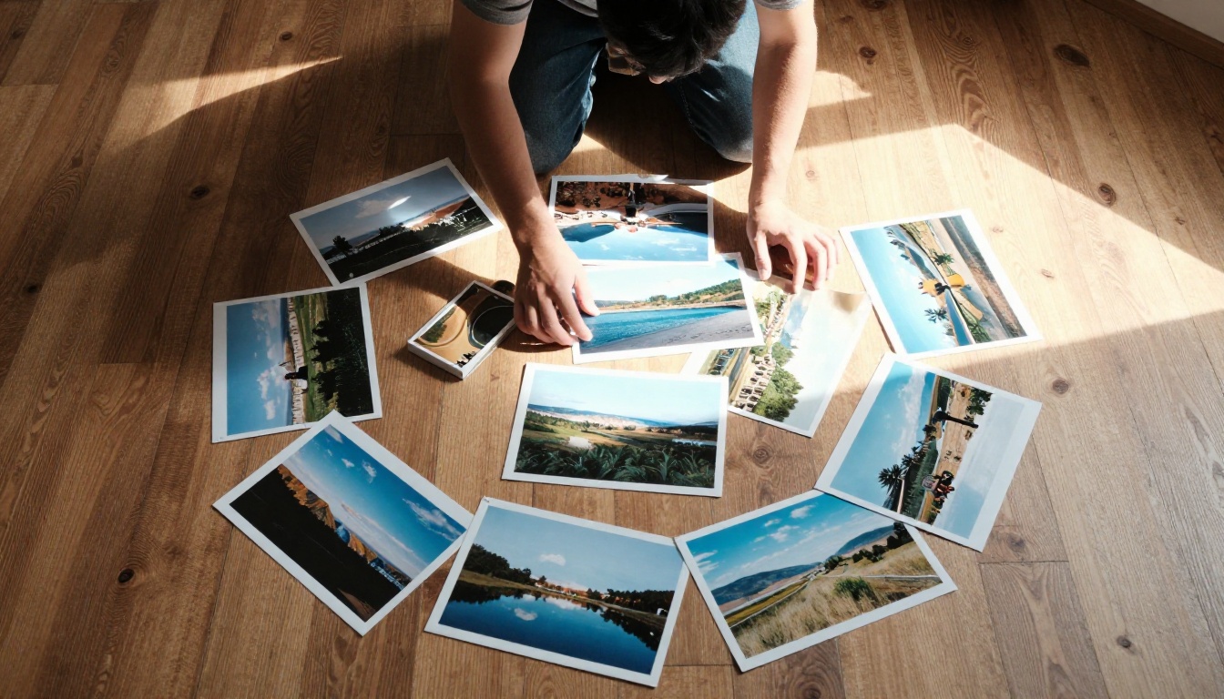 Aerial perspective of a photographer organizing printed photographs on a wooden floor