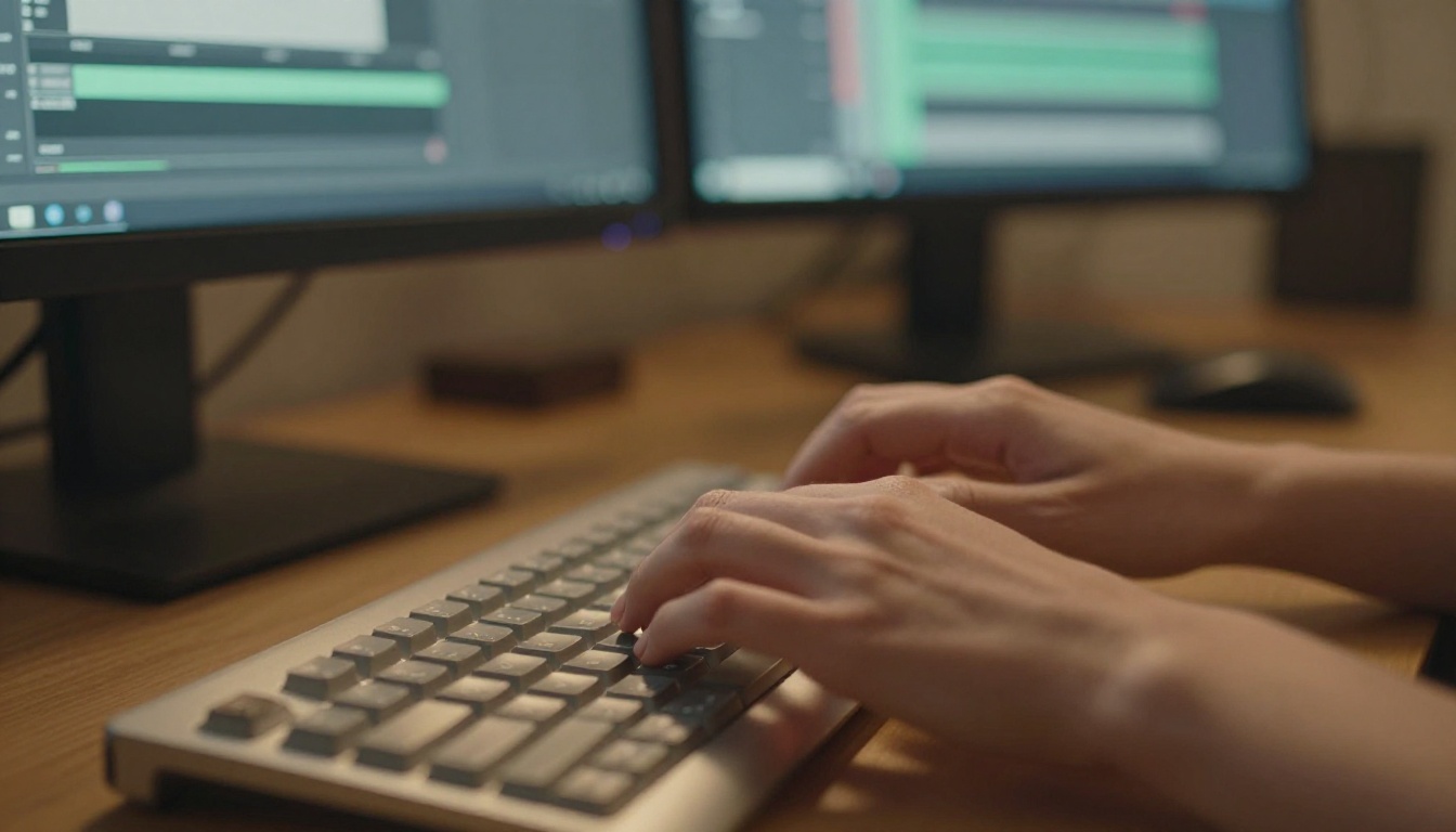 A creative professional typing prompts at a workstation with video timelines on dual monitors