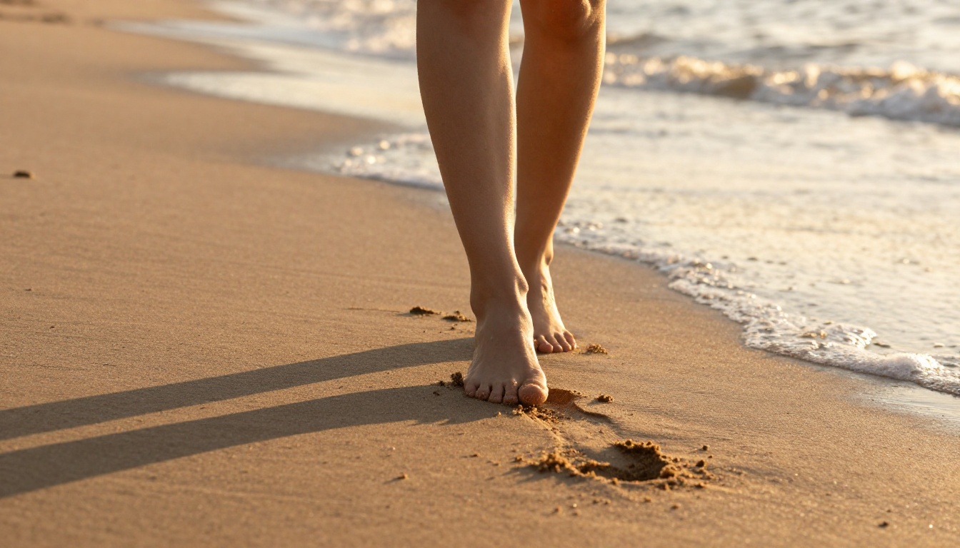 Low-angle shot of bare feet walking on wet sand at golden hour