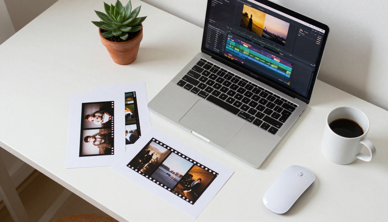 Aerial view of a minimalist creative workspace with open laptop, coffee, and film stills