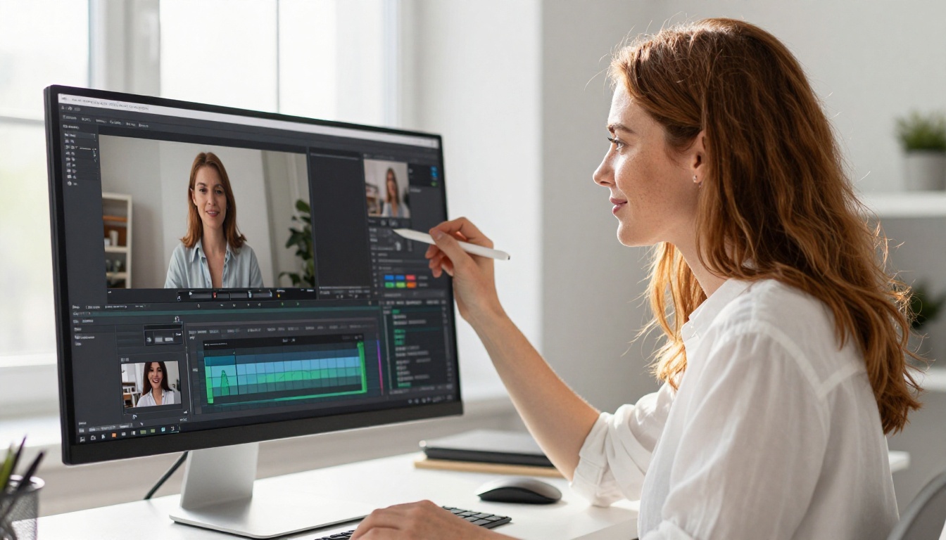 A creative professional woman at a desk with a split-screen video editing interface