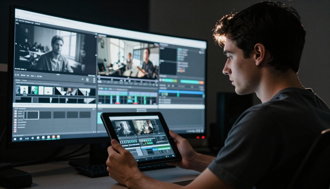 Low-angle shot of a video editor reviewing AI-generated footage on a tablet in a professional editing suite