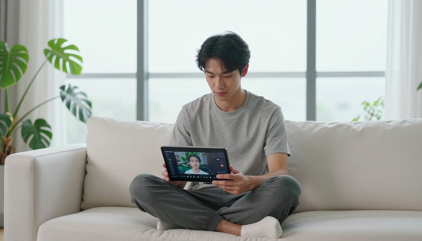 Male creator reviewing AI video on tablet