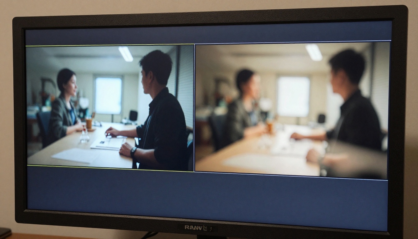 Close-up of a professional reference monitor showing two video frames side by side for comparison