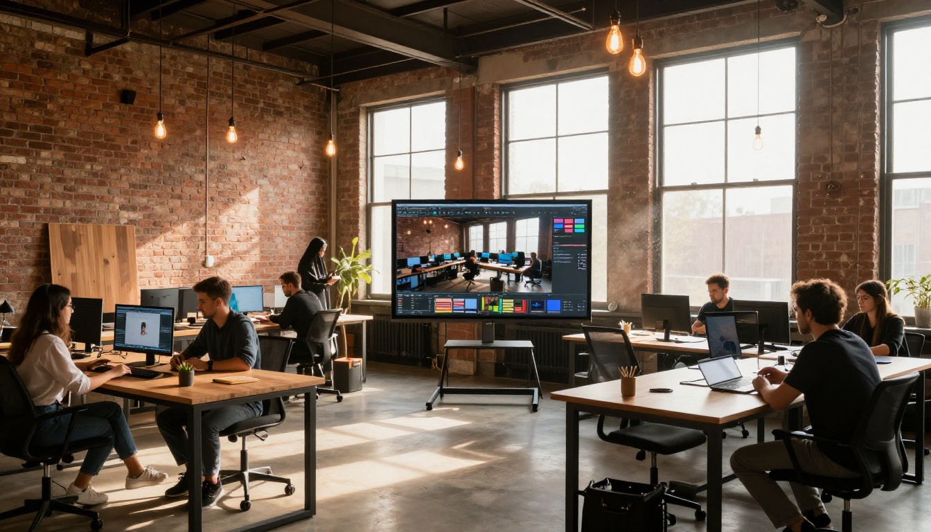 Modern open-plan studio with creative professionals collaborating around a central screen Modern open-plan studio with creative professionals collaborating around a central screen
