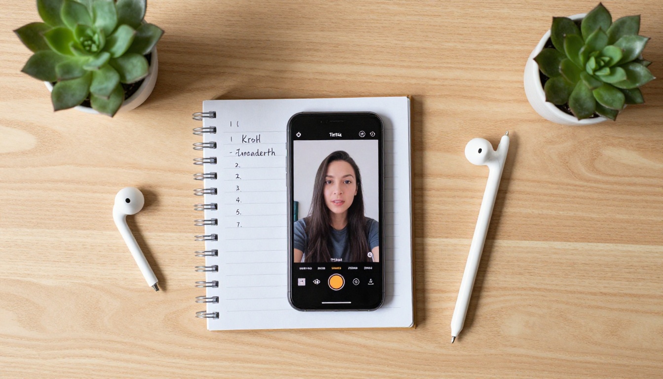 Content creator workspace flat-lay with notebook and phone