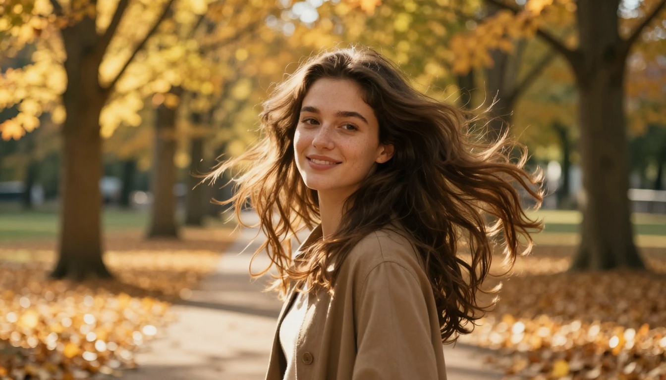 Natural motion and environmental lighting in AI video generation showing a woman walking through a sunlit autumn park Natural motion and environmental lighting in AI video generation showing a woman walking through a sunlit autumn park