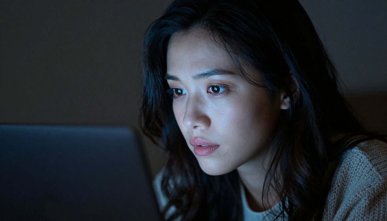 Woman looking at laptop screen with dramatic light
