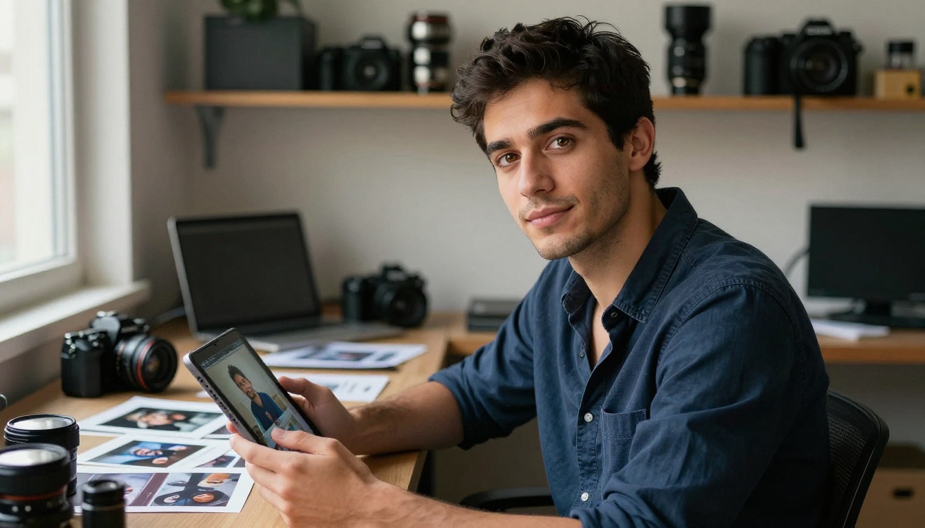 A young man holding a tablet with an AI-generated video thumbnail in a creative workspace A young man holding a tablet with an AI-generated video thumbnail in a creative workspace