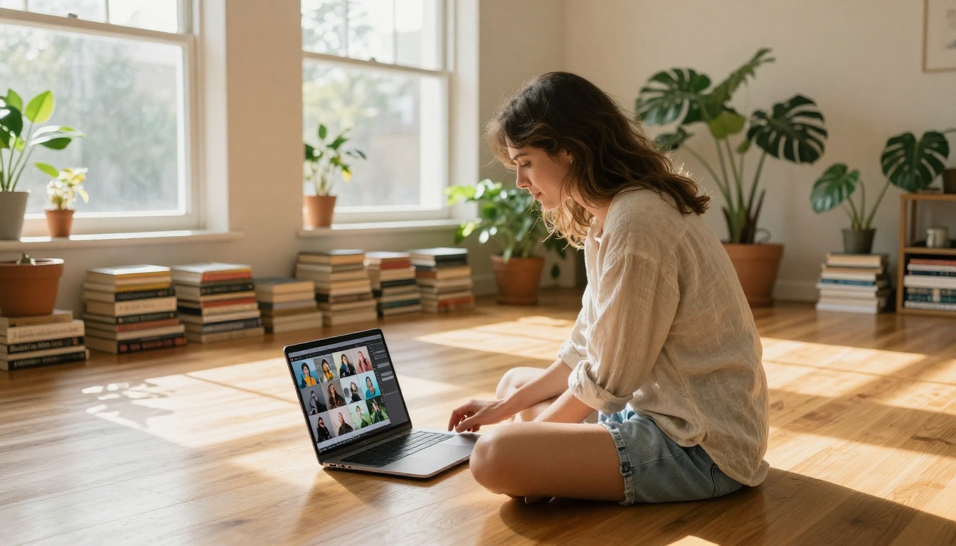 Woman on studio floor reviewing AI video grid on laptop