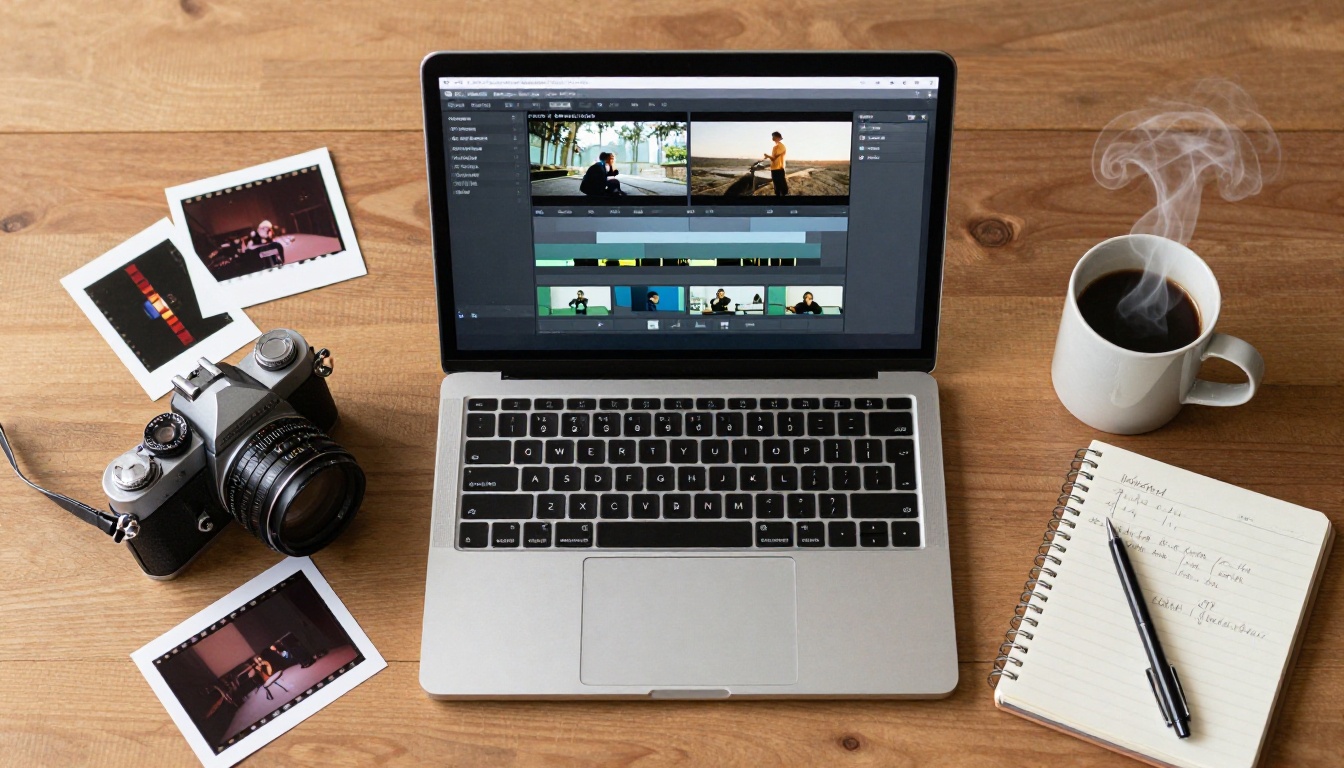 Overhead flat lay of a creative desk with a laptop, film camera, contact sheets, and coffee Overhead flat lay of a creative desk with a laptop, film camera, contact sheets, and coffee