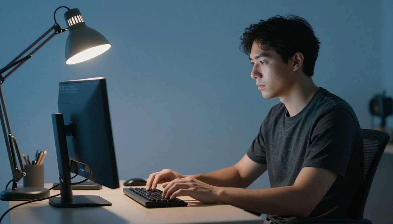 Content creator reviewing AI-generated video footage at a professional workstation, monitor glow reflecting on natural skin tones Content creator reviewing AI-generated video footage at a professional workstation, monitor glow reflecting on natural skin tones