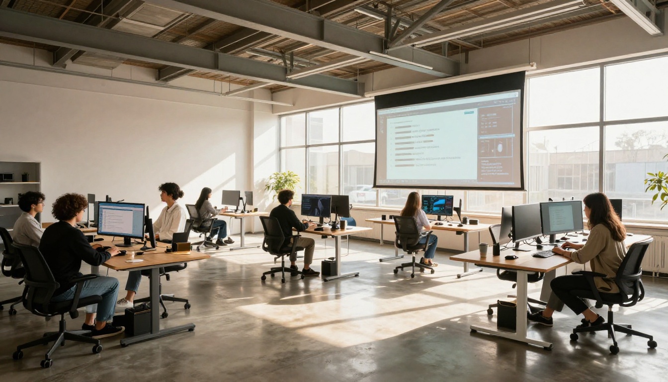 Wide shot of a bright modern creative studio with young professionals collaborating at workstations