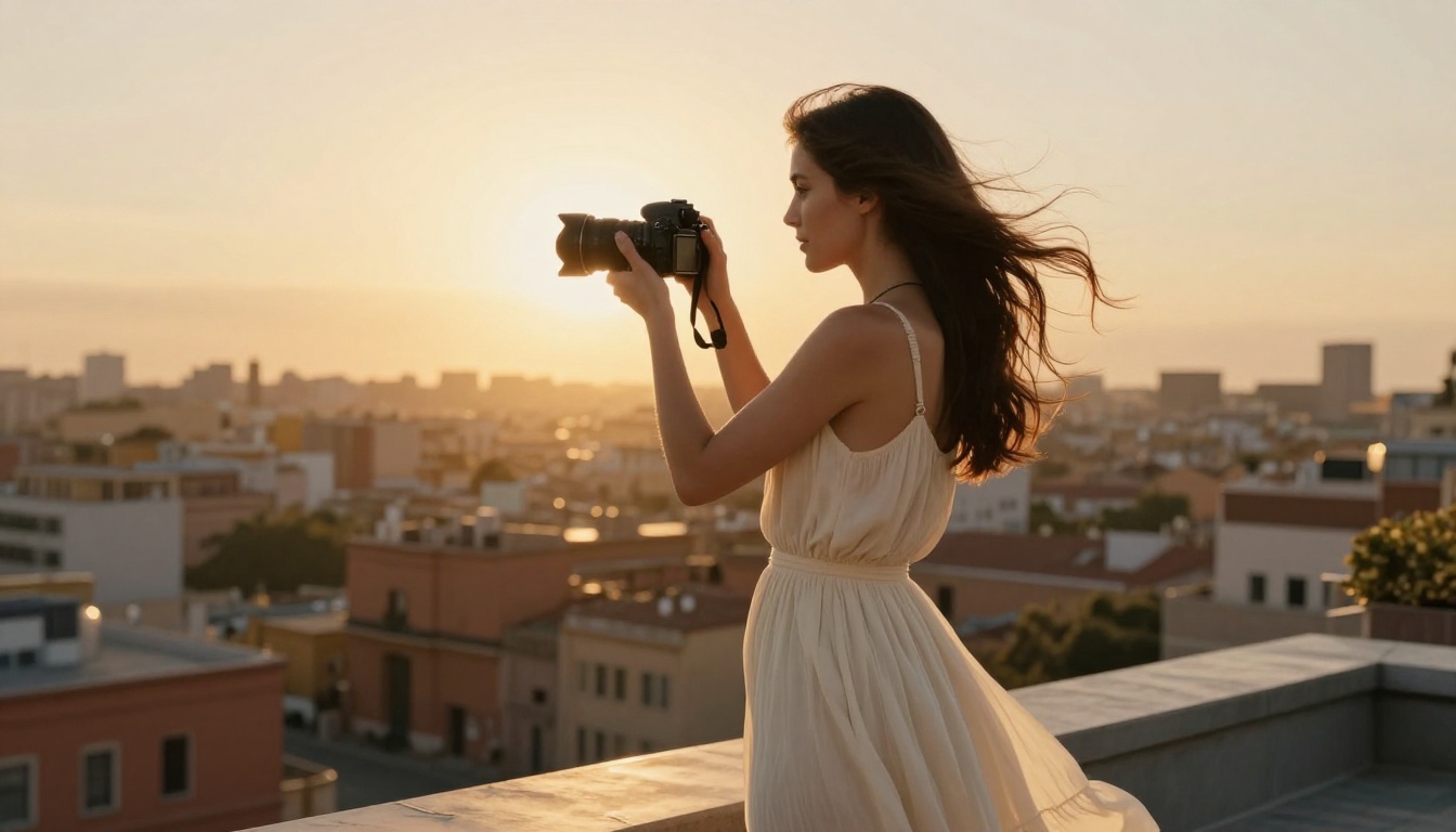 A woman in a cream summer dress on a rooftop terrace at golden hour holding a camera A woman in a cream summer dress on a rooftop terrace at golden hour holding a camera