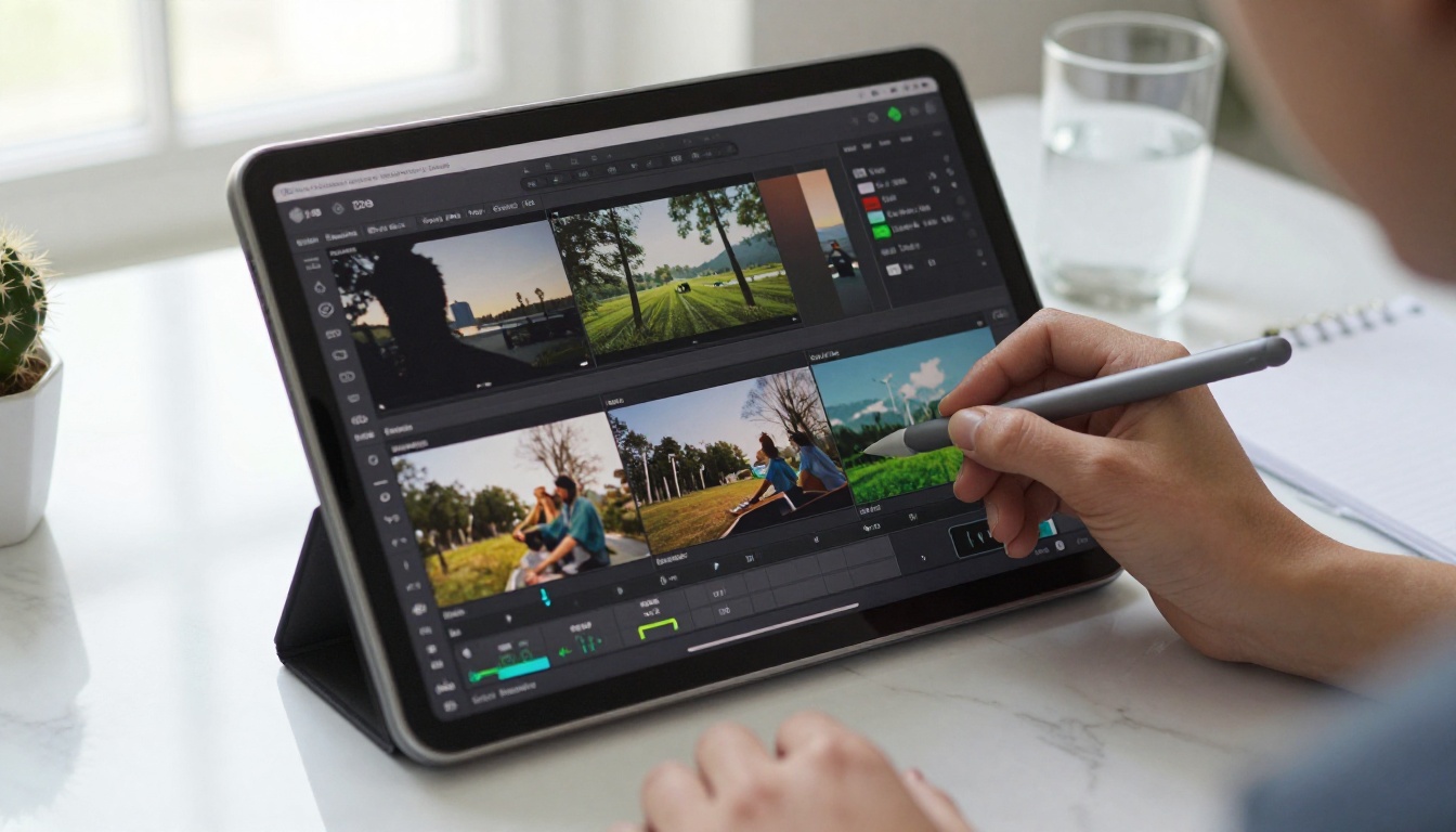 Woman's hand editing video timeline with stylus on tablet