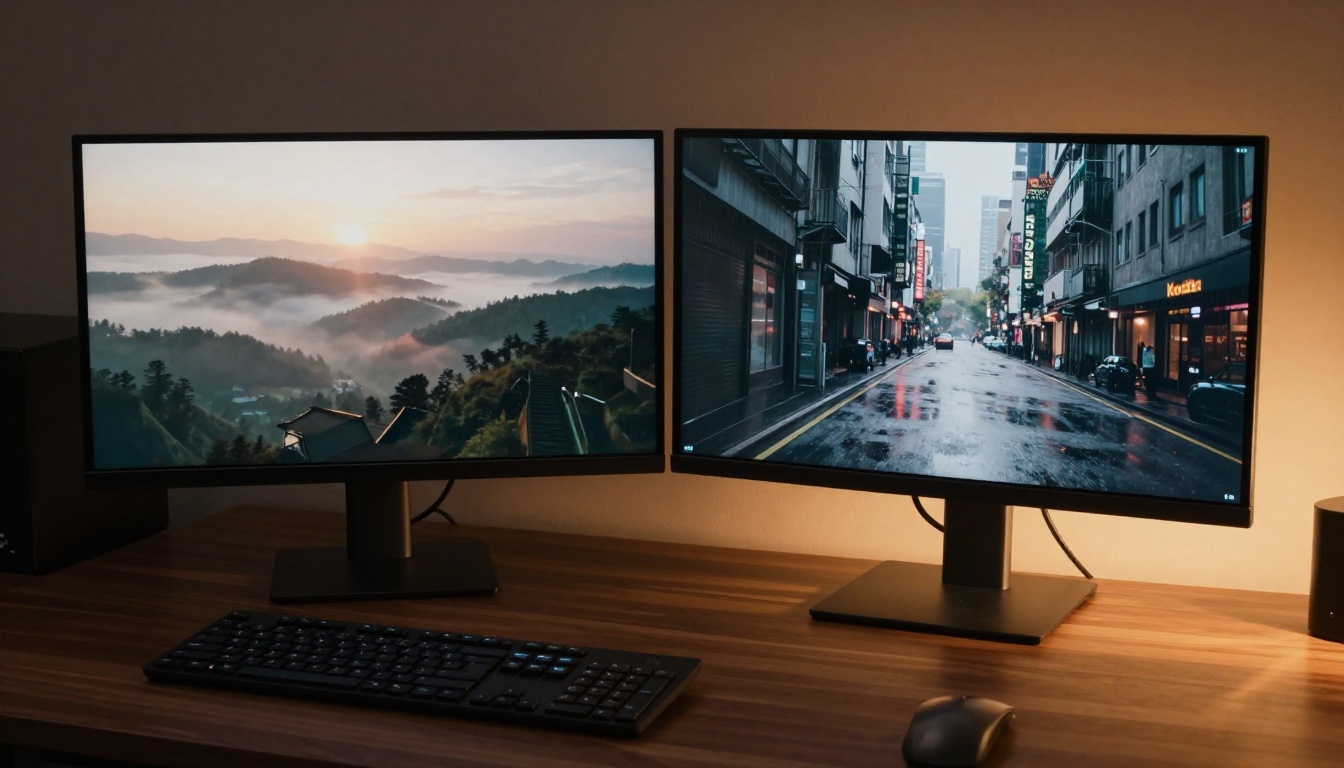 Professional color grading suite with dual monitors displaying cinematic AI video footage from two models side by side
