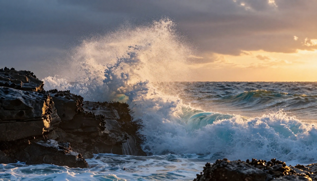 Powerful ocean waves with high-shutter freeze capturing spray and motion, demonstrating the level of detail achievable in AI video output Powerful ocean waves with high-shutter freeze capturing spray and motion, demonstrating the level of detail achievable in AI video output