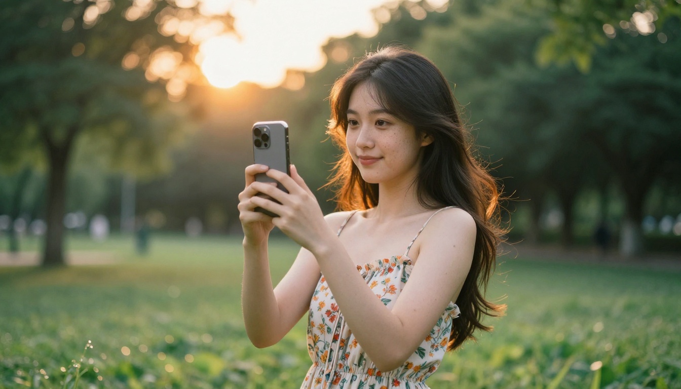 Woman filming outdoors at golden hour in a park