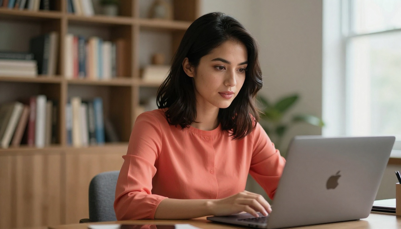 Portrait of a female content creator reviewing AI-generated video outputs on her laptop in a home office Portrait of a female content creator reviewing AI-generated video outputs on her laptop in a home office