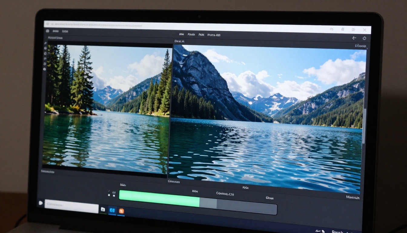 A high-resolution monitor displaying an AI video generation interface with a mountain lake before-and-after comparison A high-resolution monitor displaying an AI video generation interface with a mountain lake before-and-after comparison