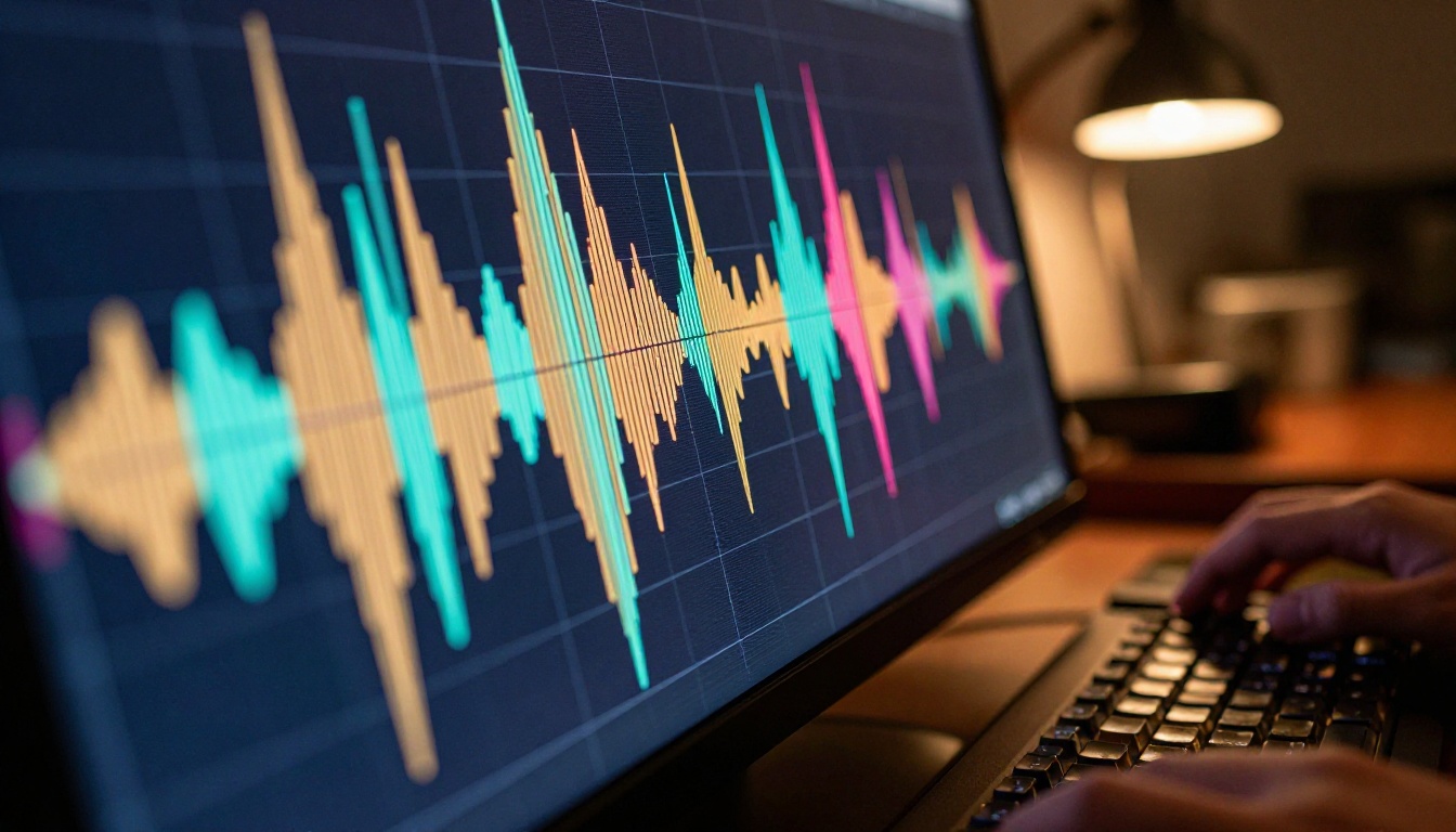 Audio waveforms glowing on a monitor screen in a creative studio