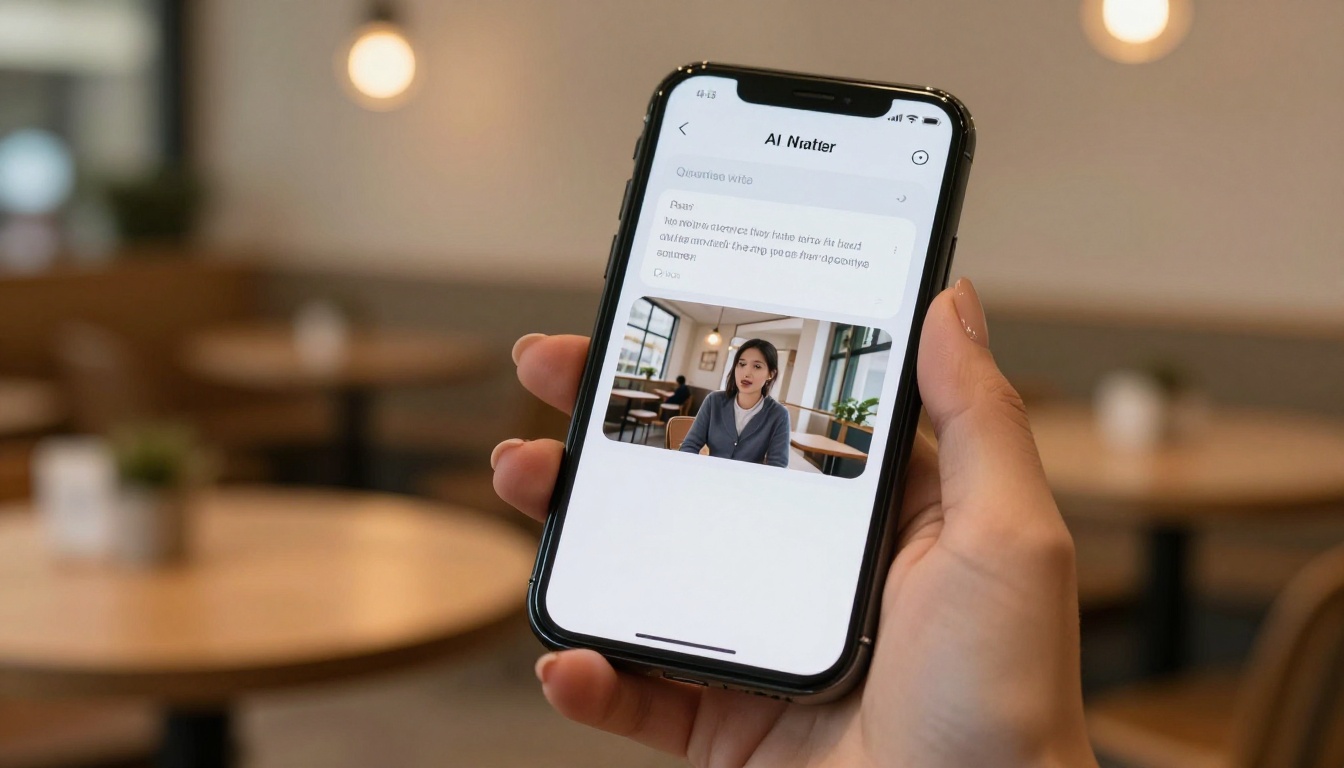 Close-up of a woman's hand holding a smartphone displaying a clean AI video generation interface Close-up of a woman's hand holding a smartphone displaying a clean AI video generation interface