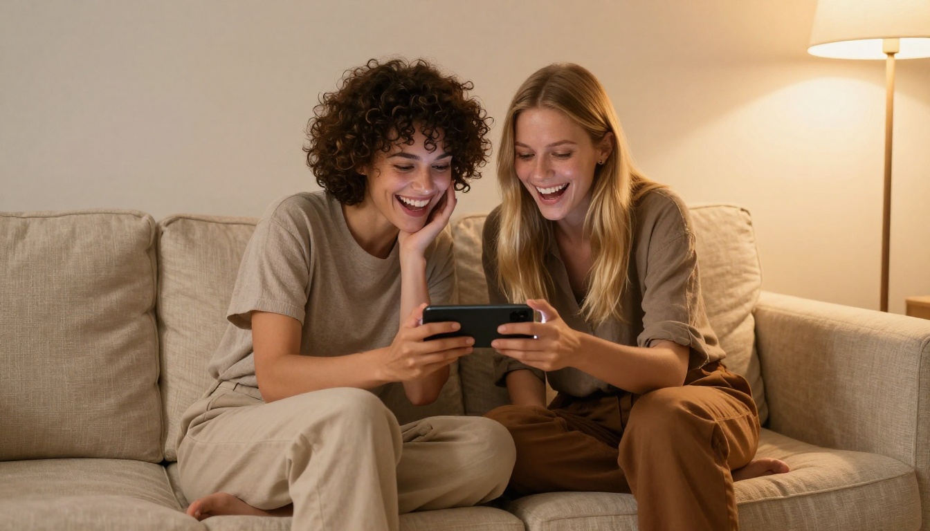 Two friends laughing together watching a video on a smartphone