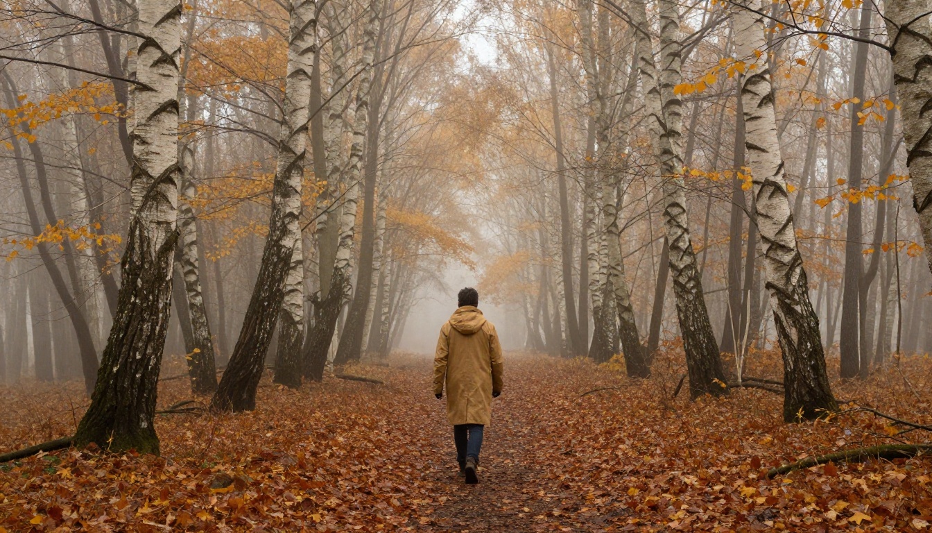 Lone figure in a wax canvas coat walking through a misty autumn forest, cinematic temporal consistency tracking shot