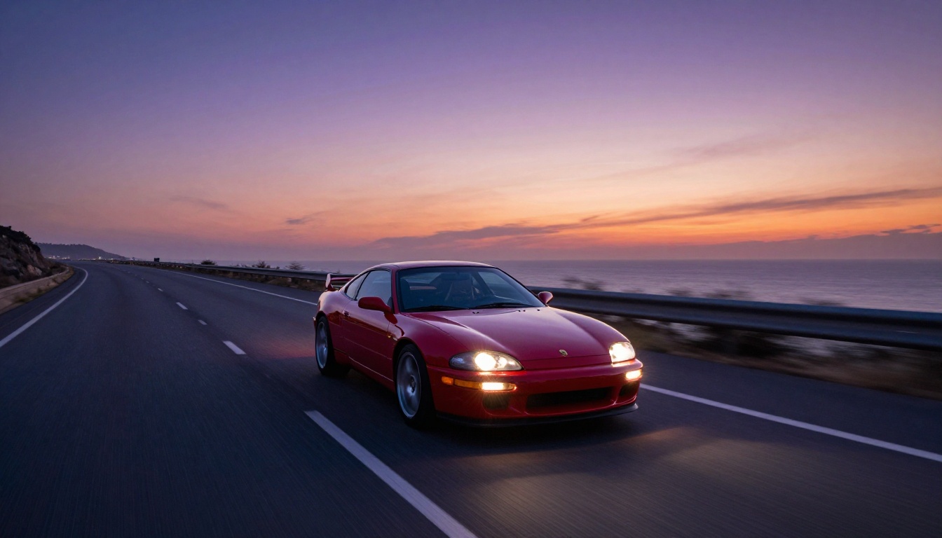 Red sports car at dusk with cinematic motion blur on coastal highway, showing mechanical precision and hard surface rendering in AI video Red sports car at dusk with cinematic motion blur on coastal highway, showing mechanical precision and hard surface rendering in AI video