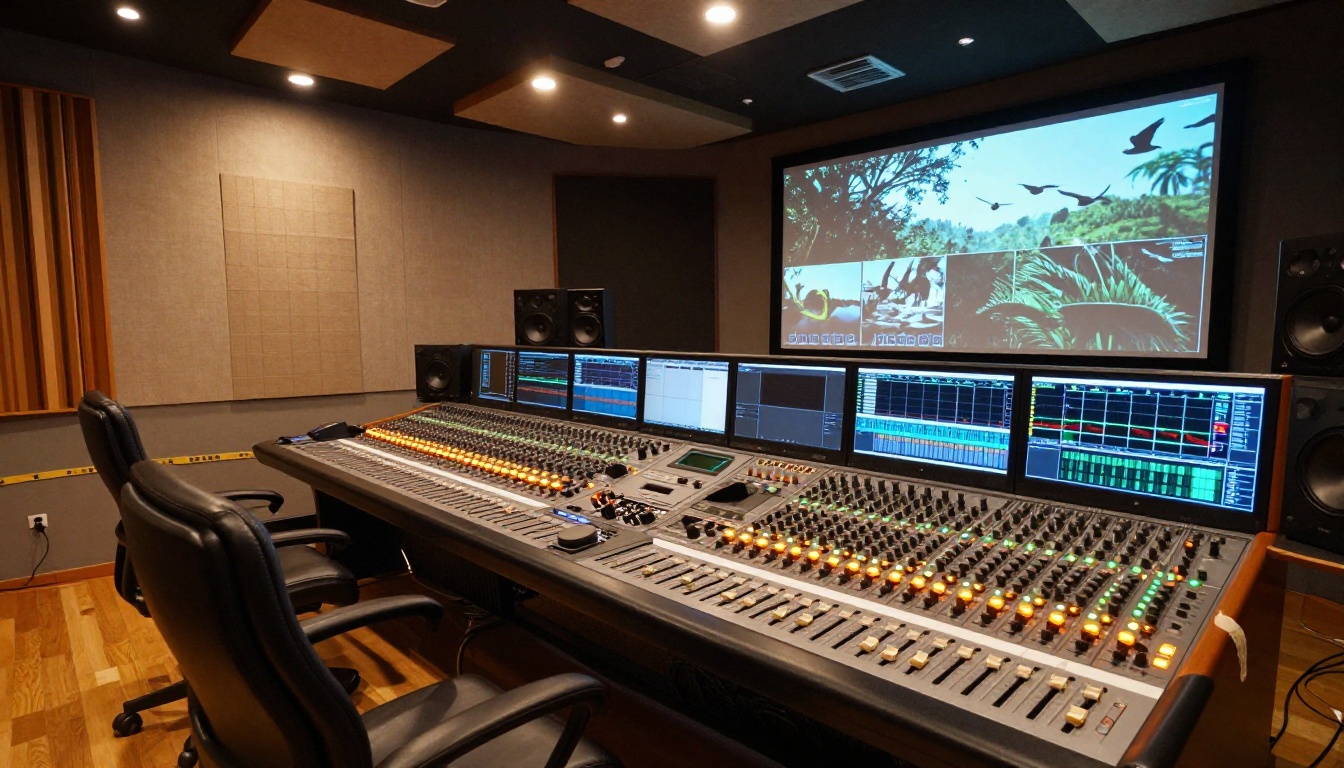 Professional post-production sound studio with mixing console and video monitors
