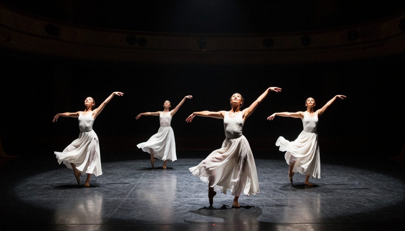 Aerial view of four dancers in synchronized formation on a lit stage
