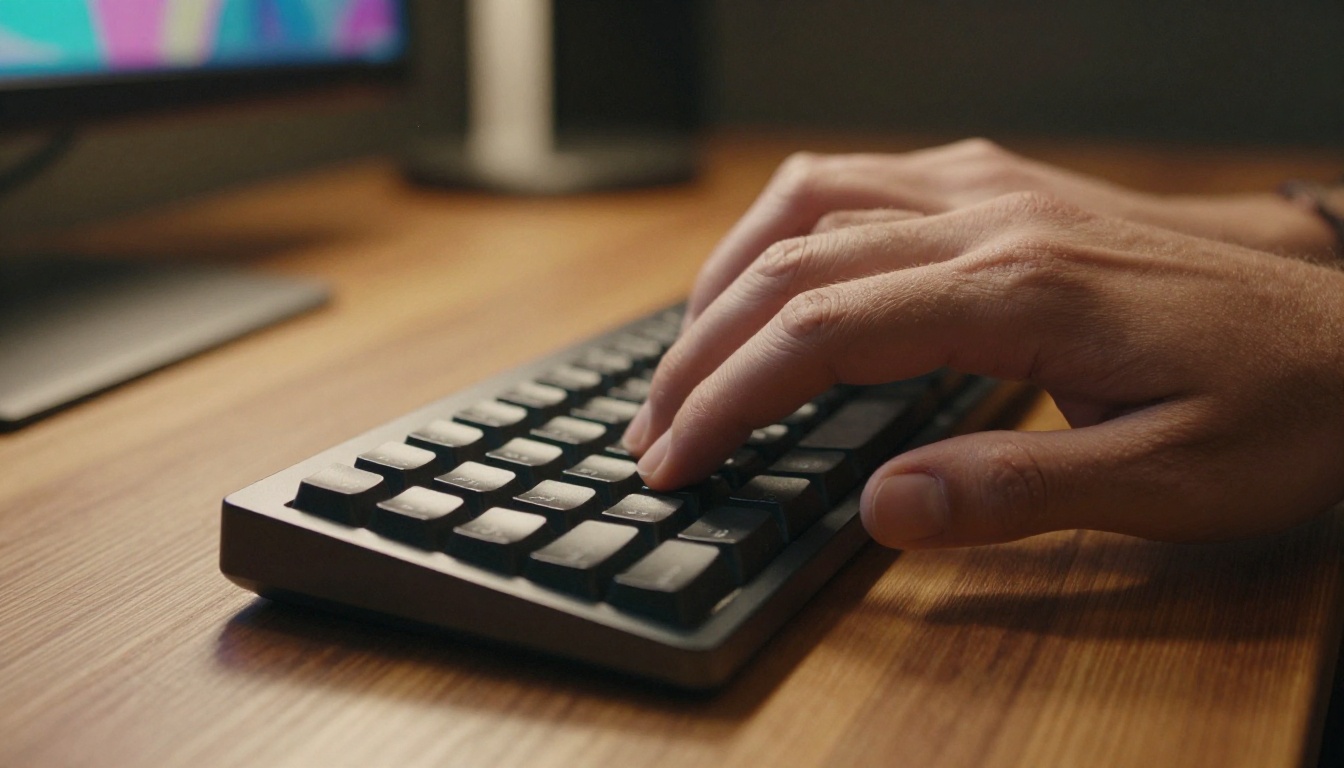 Hands typing on a mechanical keyboard, warm amber light, close-up photography