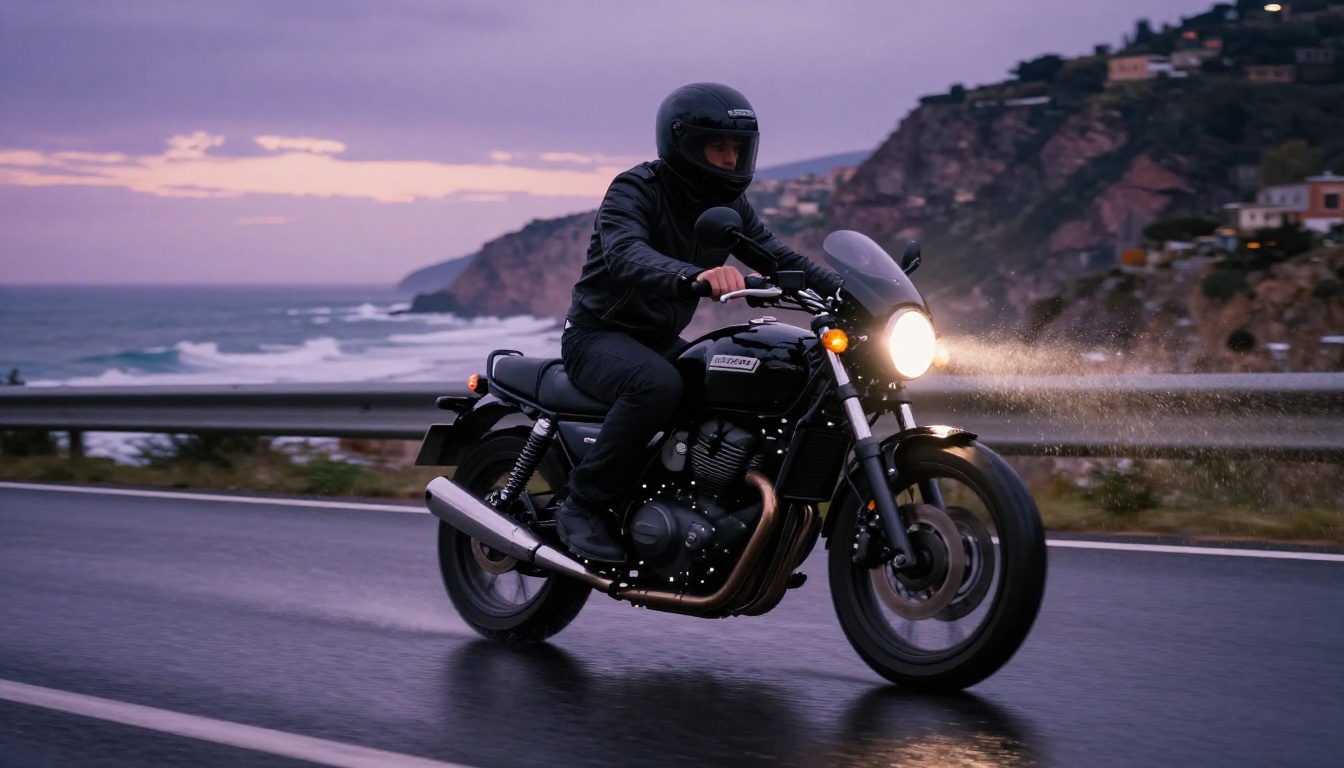 Vintage motorcycle moving at speed along a wet Italian coastal highway at dusk with motion blur and cinematic depth