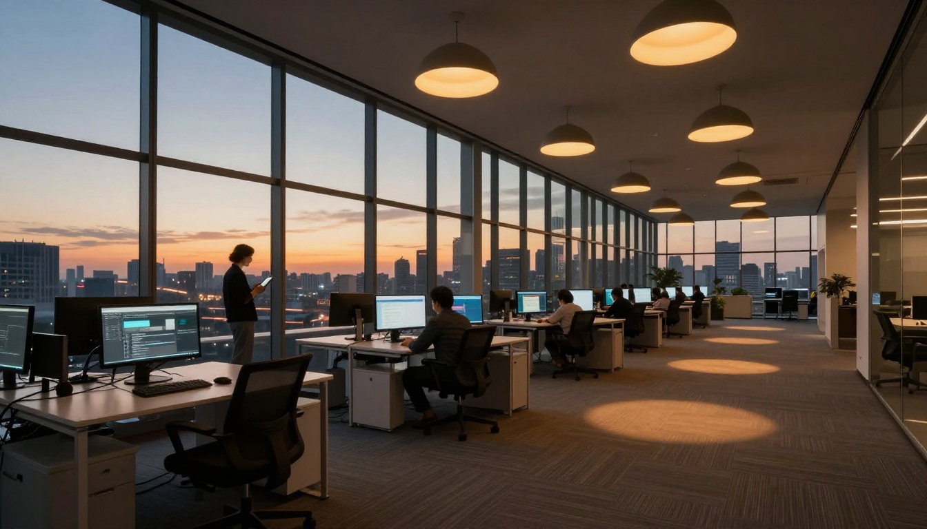 Low-angle wide shot of a sleek modern tech office at dusk with city skyline visible through floor-to-ceiling windows Low-angle wide shot of a sleek modern tech office at dusk with city skyline visible through floor-to-ceiling windows