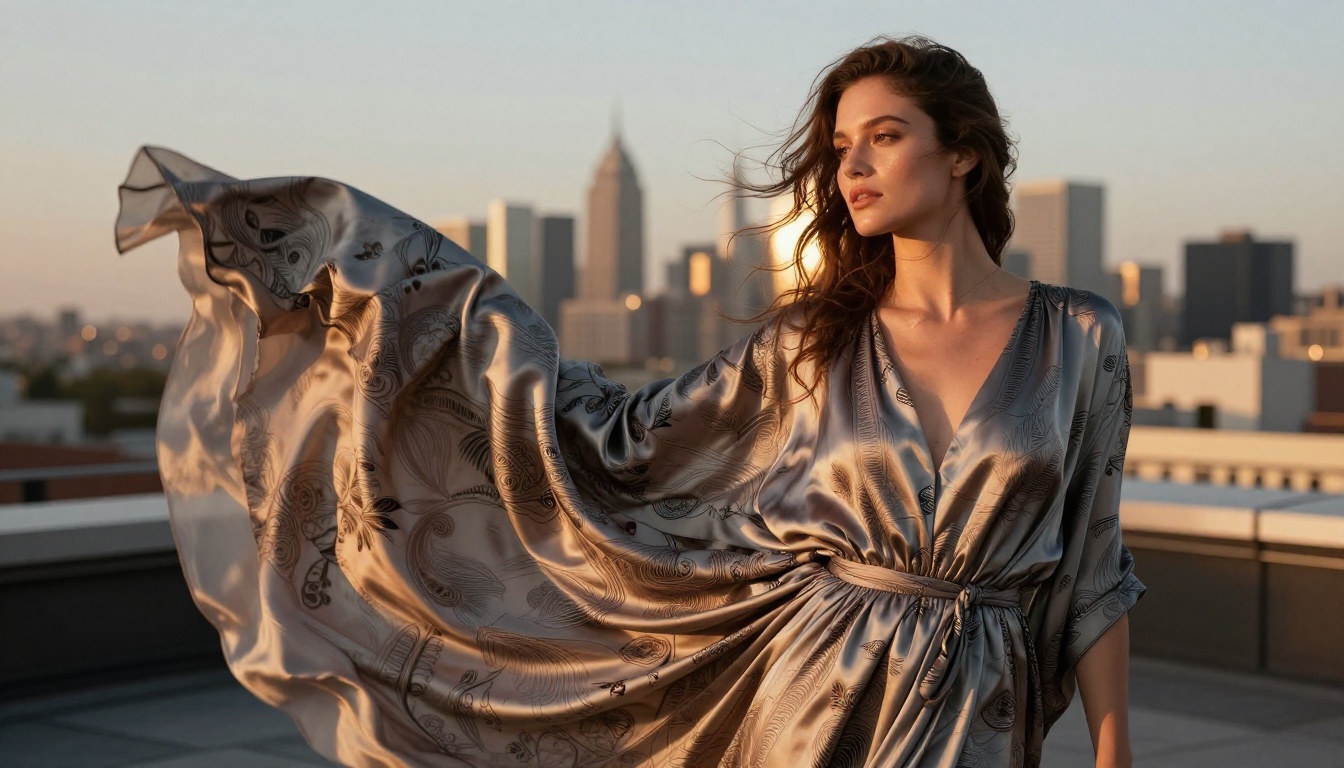 Elegant woman in flowing silk dress on a rooftop with city skyline bokeh, demonstrating natural fabric motion and atmospheric AI output Elegant woman in flowing silk dress on a rooftop with city skyline bokeh, demonstrating natural fabric motion and atmospheric AI output