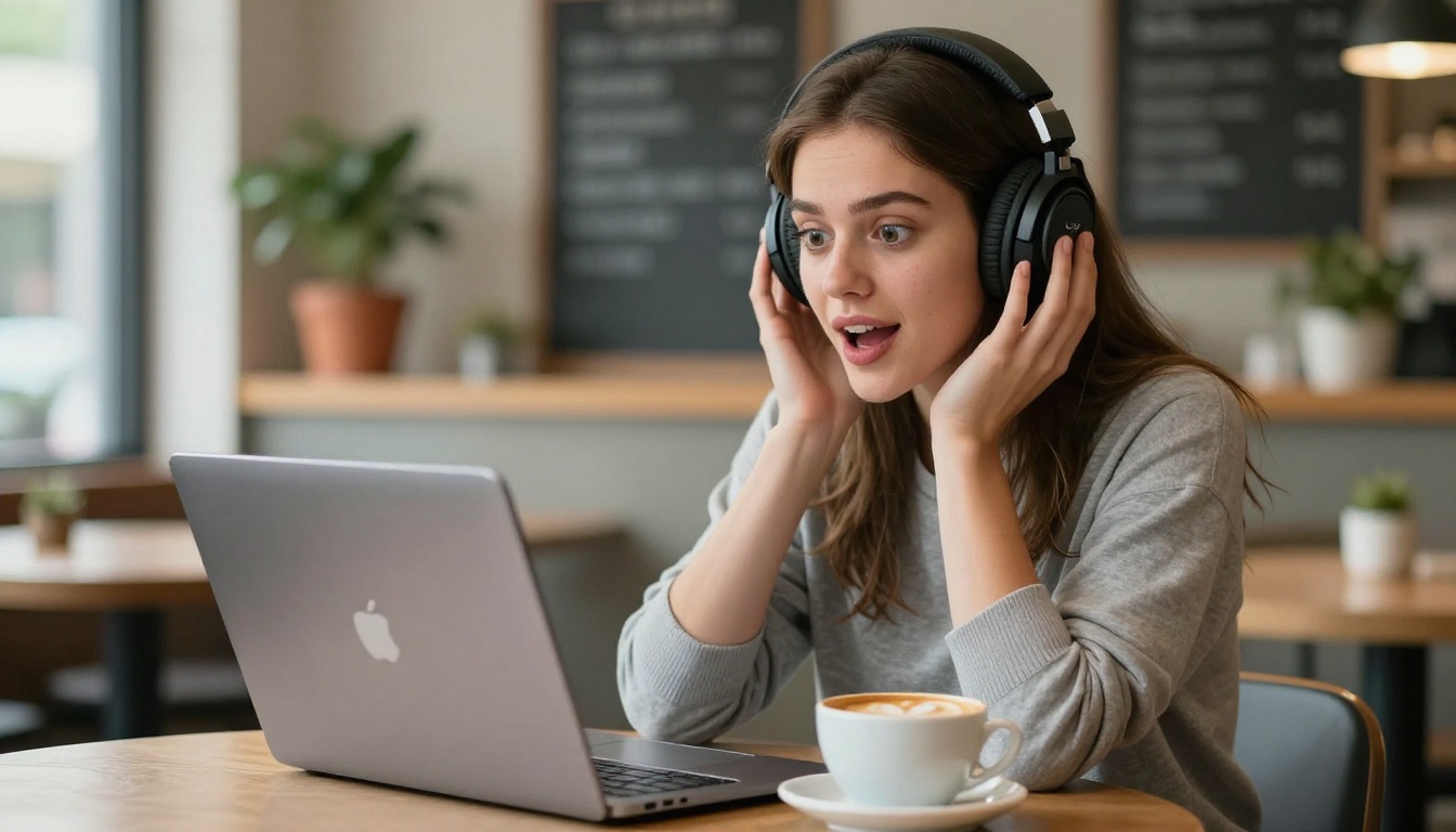 A young woman wearing headphones at a cafe, watching AI-generated video on her laptop