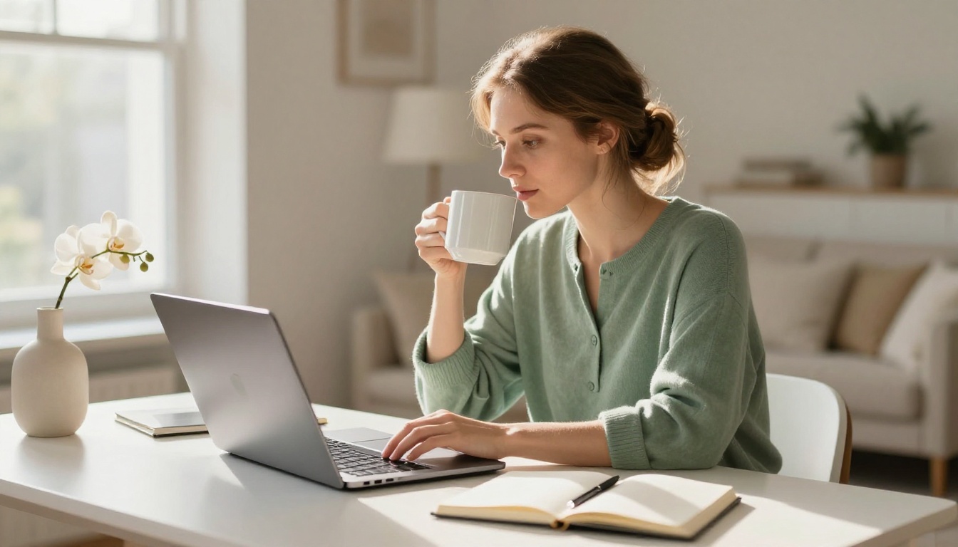 A woman working on a laptop near a sunlit window, warm natural light