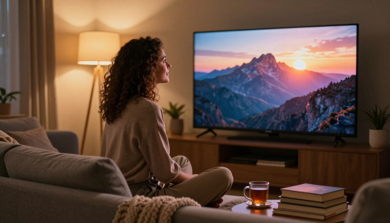 Woman watching cinematic AI video on television