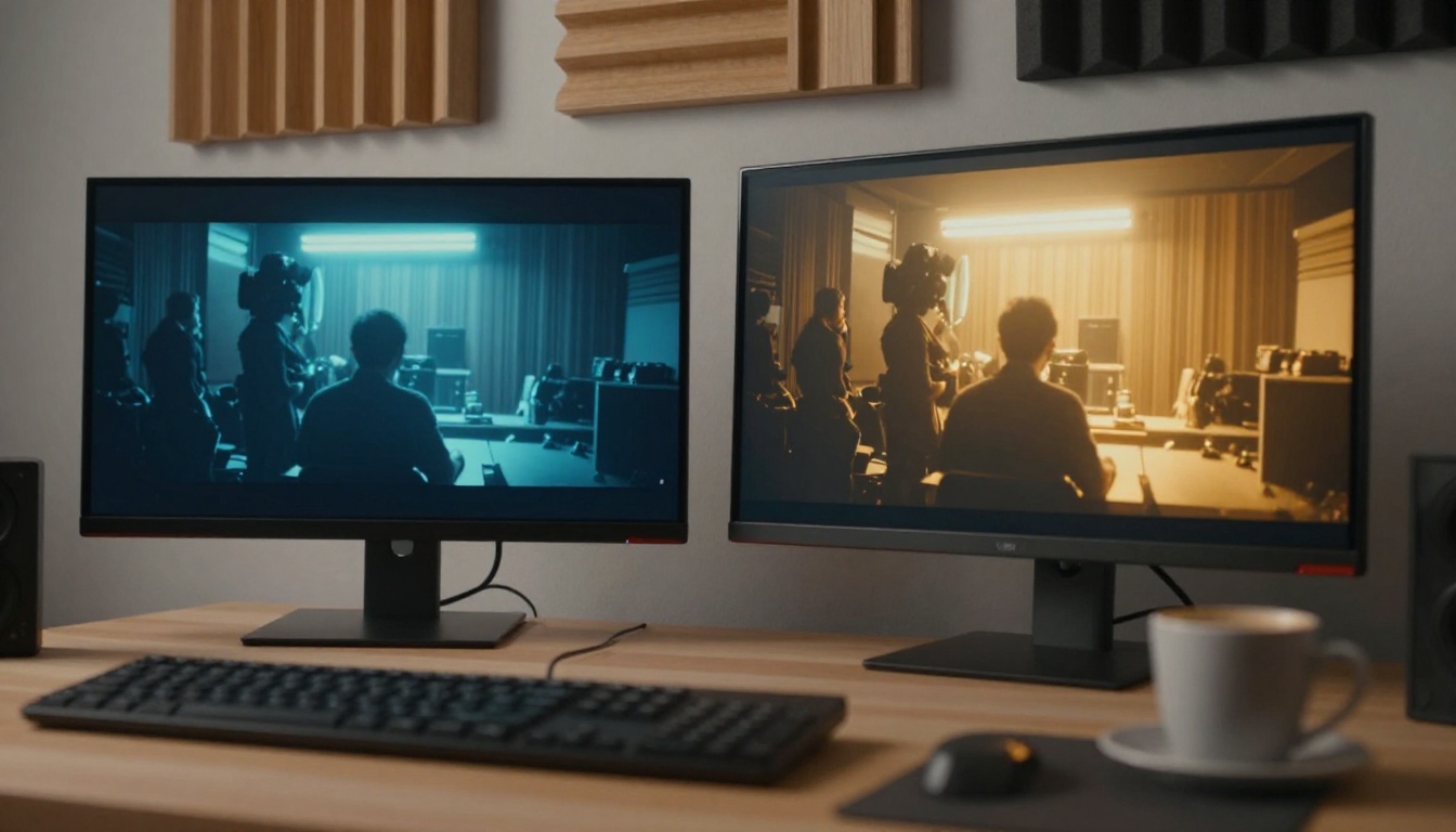 Two professional monitors showing side-by-side video comparison in a modern creative studio with warm acoustic panel walls Two professional monitors showing side-by-side video comparison in a modern creative studio with warm acoustic panel walls
