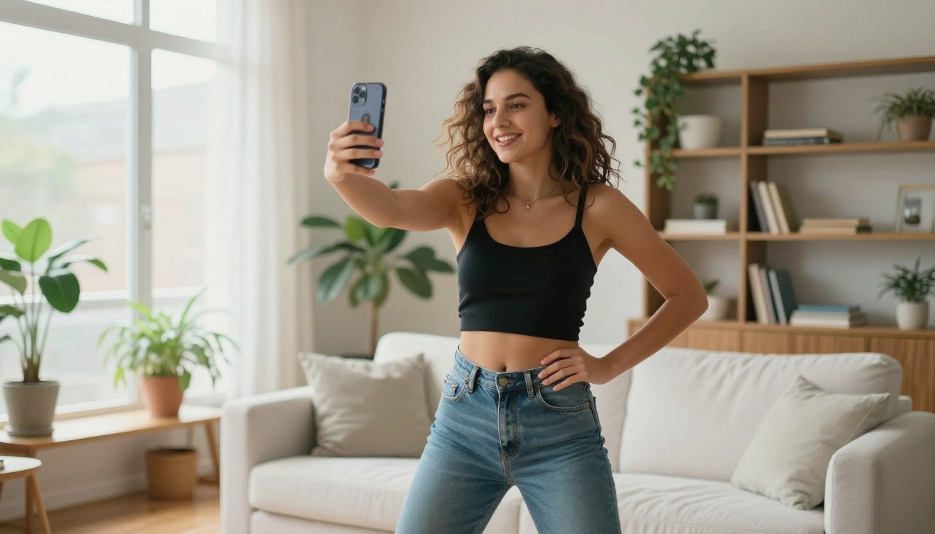 Young woman filming herself dancing in a bright modern living room